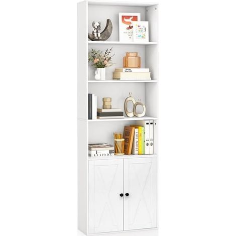 GOPLUS Bibliothèque Autoportante à 6 Étagères,avec Portes de Style Ferme et Étagères Réglables pour Bureau, Salon, Étude,Blanc (1/3)