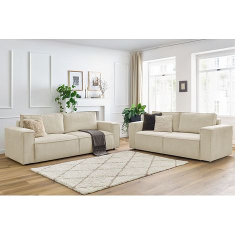 Bobochic – Ensemble canapé droit fixe 3 + 2 places – Velours côtelé beige – Confort ferme – Dimensions 454 x 100 x 88 cm – Fabrication Europe (1/5)