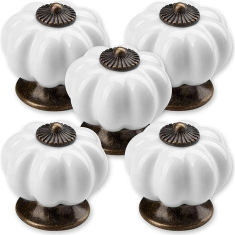 Lot de 5 boutons de meuble en porcelaine, Ø 39 mm, blanc, pied brun, 1 jeu (1/5)