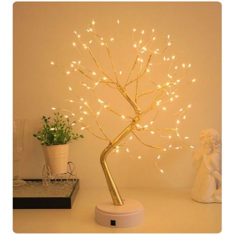 Sapin scintillant - Branches dorées - Éclairage blanc chaud - Lampe sapin en fil cuivre - Sapin Noël - Lampe sapin LED -