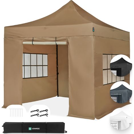 VONROC Faltpavillon 3x3 m – Set inkl. Seitenwände – Modular, faltbar, wasserdicht, Stahlrahmen, UV 50+ Schutz, inkl. Transporttasche – Beige