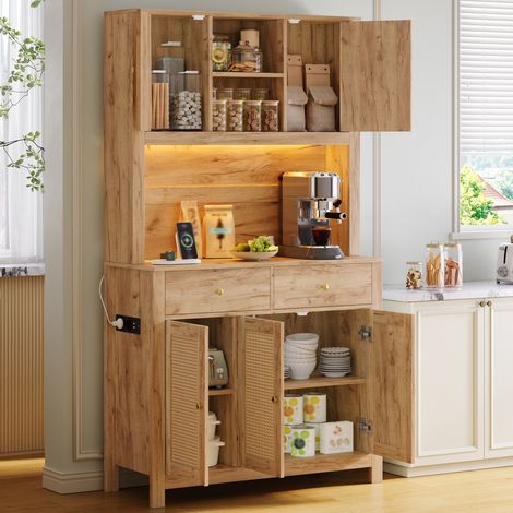 Credenza da cucina 100x40x180 cm con LED RGB, 2 cassetti, prese integrate, MDF, naturale (1/5)