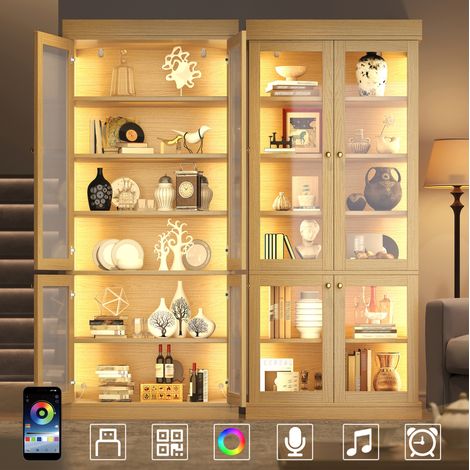 Moderne hohe Vitrine 160 x 40 x 180 cm aus MDF und Glas mit LED, Kippschutz, Natur (1/5)