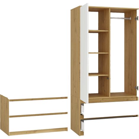 Topeshop – Armoire de chambre 2 portes et 2 tiroirs – Système TIP-ON sans poignée – Chêne artisan et blanc – Dimensions 90x180x50 cm