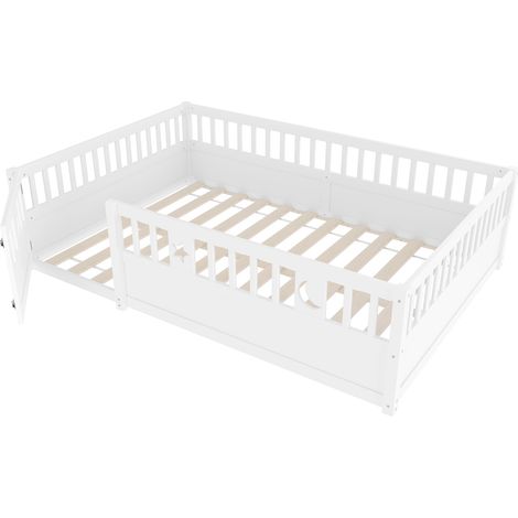 Lit à panneaux 140x190 cm, lit enfant avec barrière, décoration étoile et lune, style minimaliste, blanc, chambre enfant, matelas non inclus (1/5)