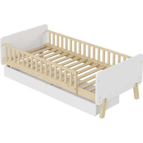 Lit enfant 90x190 avec 2 tiroirs, lit simple en bois massif avec sommier à lattes, blanc (1/5)