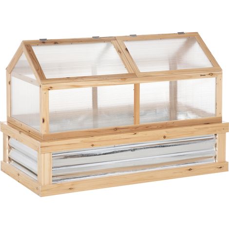 Outsunny Raised Garden Bed with Greenhouse Top, Garden Wooden Cold Frame Greenhouse Flower Planter Protection with 2 Independent Roofs, 122x 61 x 82cm, Natural