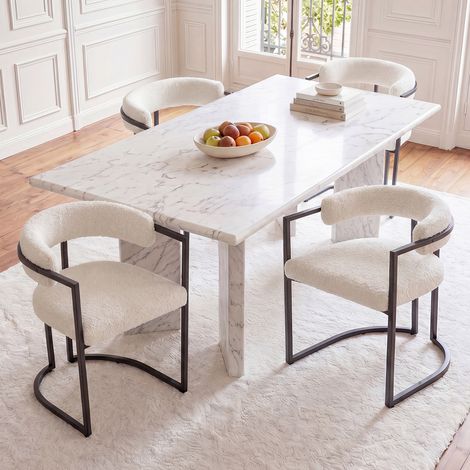 Wahson Lot de 4 Chaises en Fausse Fourrure,Chaise Salle à Manger Moderne avec Accoudoirs Dossier Chaise de Cuisine Pied en Métal, Blanc (1/5)