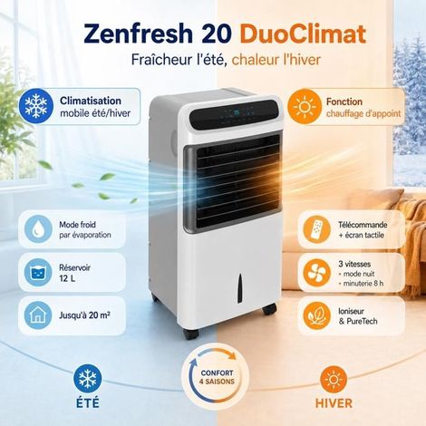 Rafraîchisseur d'air mobile sans évacuation – Débit 500 m³/h pour pièces jusqu'à 20 m² – Silencieux (mode nuit) – Minuteur intégré