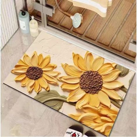 Diatomeen-Badematte – Saugfähige, rutschfeste und schmutzabweisende Matte für Badezimmer und Toilettenvorraum – Elegantes Sonnenblumenmuster (60 x 90 cm)-lsw