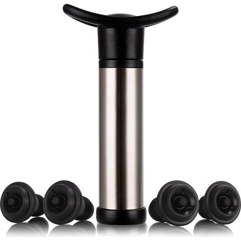 Pompe à vin acier inoxydable, pompe à vide conservation vin, retire air et scelle sous vide, avec 4 bouchons. (1/5)