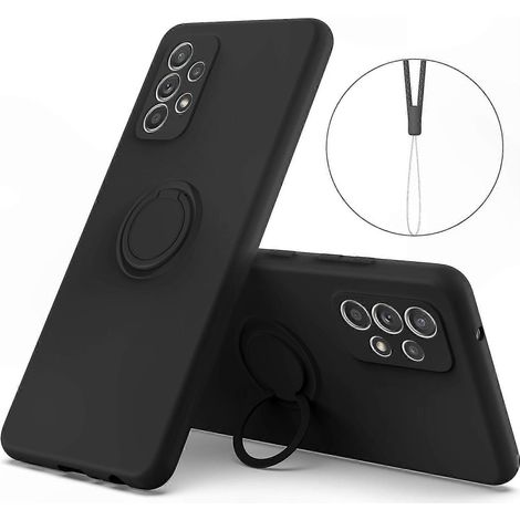Silikonhülle für Samsung Galaxy A53 5G mit Ringhalter und Trageband, stoßfeste Hülle für Samsung Galaxy A53, schlanke Hülle mit drehbarem Ring und Trageband, flexibler Schutz, Schwarz (1/5)