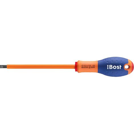 Tournevis plat isolé 1000V – Lame ronde pour espaces confinés – Empreinte taillée en congé type B – 2,5 x 50 mm – 626000 – Bost