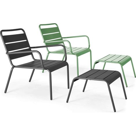 Lot 2 fauteuils relax avec repose-pieds métal gris et vert cactus - Palavas (1/5)