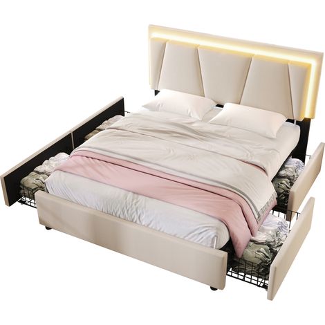 Polsterbett 160x200 cm mit 4 Schubladen und LED-Beleuchtung, Doppelbett mit höhenverstellbarem Kopfteil, Stauraumbett aus Leinenstoff Beige (1/5)