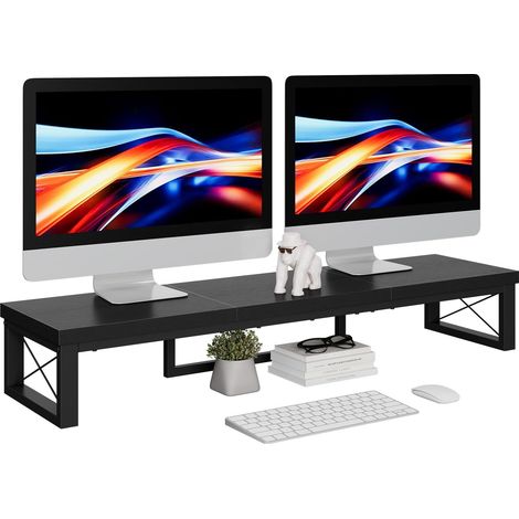 Support pour Double écran Moniteur, Support de Bureau en Bois de 97 cm, Bureau avec Double écran, Adapté aux PC, Imprimantes, Ordinateurs Portables, TV, Noir TDJ002 (1/5)