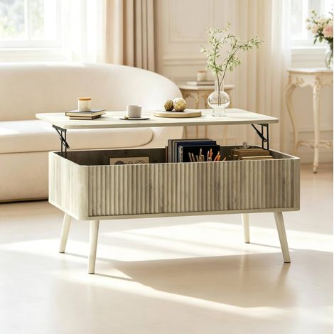 Table basse relevable 91x56x43 cm en MDF et bois de pin chêne, avec rangement pour salon FloraGrace (1/5)