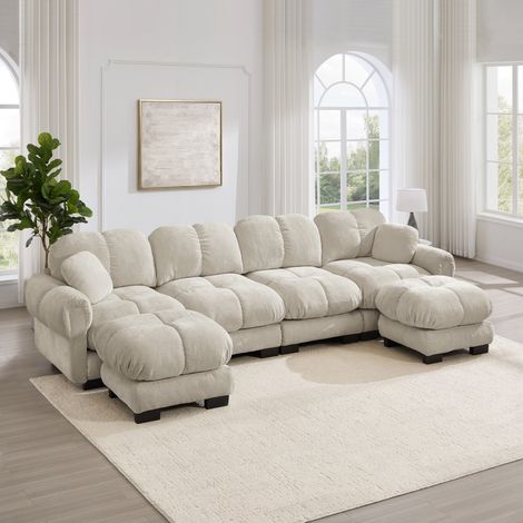 Modulares U-Ecksofa, 4-Sitzer, Chenille, 2 bewegliche Ottomane, Hellkhaki, OKMYHOME (1/5)