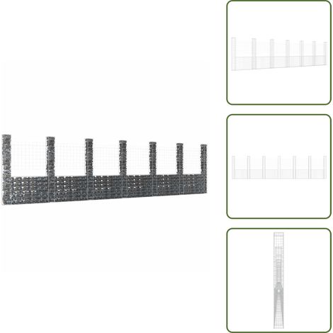 The Living Store Panier de gabion en forme de U avec 7 poteaux Fer 740x20x200 cm - Mur de soutènement (1/5)