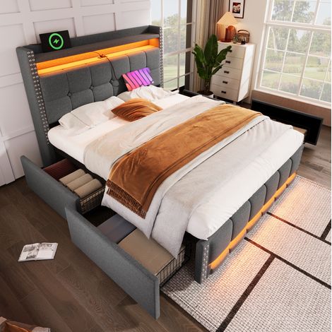 DESVIAE Lit double capitonné 160 x 200 cm avec LED port USB tête de lit avec étagères et rangements tiroirs sous le lit tissu lin gris structure métal et bois (1/5)