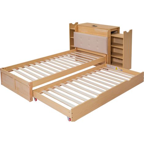 CHICFURN Lit 90x200 avec lit gigogne escamotable, bureau intégré, prise EU et USB, rangements, tête de lit rembourrée, style scandinave pour chambre d'enfant (1/5)