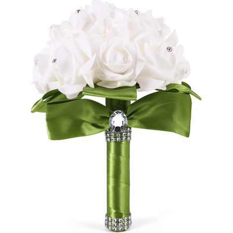 Hermosos ramos de novia y de damas de honor con cintas verdes.