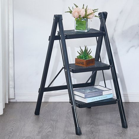Escabeau 3 Marches Pliable Métal Plastique Robuste, Étagère 3 Niveaux Polyvalente pour Livres Vases Déco, Couleur Personnalisable, Sécurisé Durable (1/4)