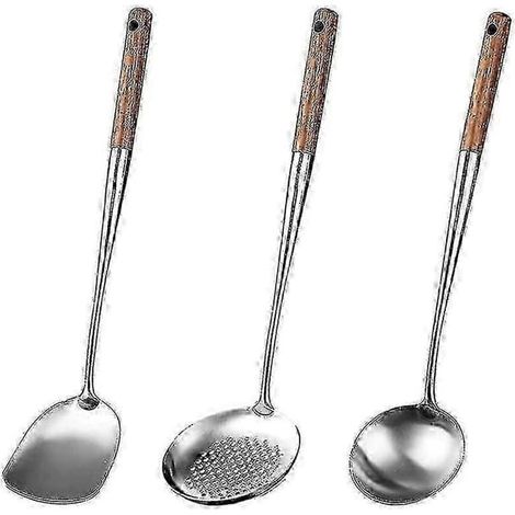 Ensemble d'ustensiles pour wok, spatule, cuillère, passoire, acier inoxydable, bois, 44 cm (1/4)