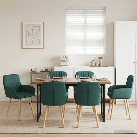 Lot de 6 chaises de salle à manger en tissu vert foncé, pieds en hévéa et accoudoirs - PANGIVO (1/5)