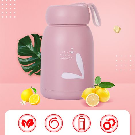 Mug isotherme double paroi 330 ml, fermeture hermétique, petit format, motif lapins mignons, idéal pour les voyages et les activités sportives en extérieur (rose). (1/2)