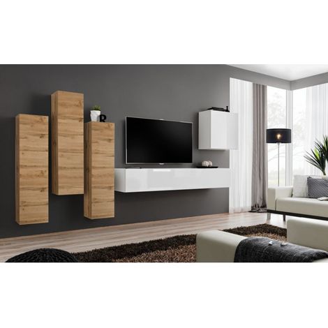 Ensemble mural - Switch III - 3 vitrines verticales - 1 banc TV - 1 vitrine carrée - Bois et blanc - Modèle 1 - Livraison gratuite