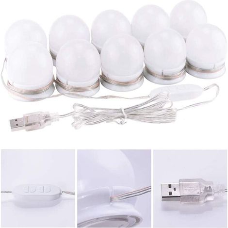 Miroir Lumière 10 Hollywood Ampoules Dimmable LED Lumière Kit Salle De Bains Miroir Lumière 3 Couleurs (Miroir Non Inclus)