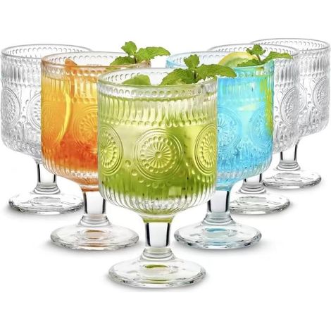 Six verres à anse de style vintage, ornés de motifs floraux en relief. Ces verres transparents sont parfaits (1/5)