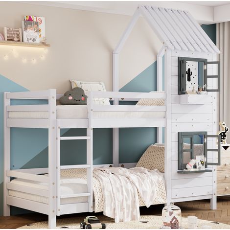 Litera 90x200 cm blanca y gris, madera de pino y MDF con ventanas y escalera (1/5)