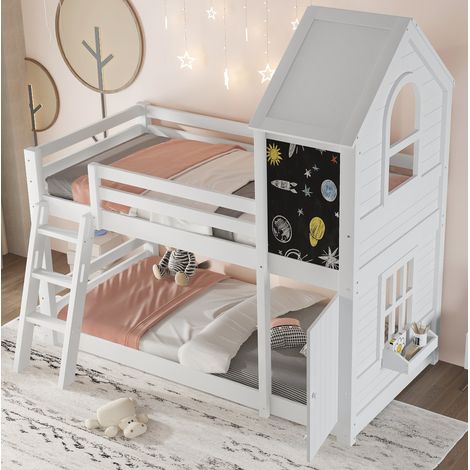 DESVIAE Lit superposé enfant avec porte ardoise fenêtres toit échelle inclinée à 3 marches sommier à lattes bois massif MDF blanc 90x200 (1/4)