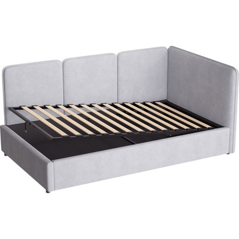 Lit coffre 90x200 cm en velours gris avec rangement hydraulique, réversible sans matelas (1/5)