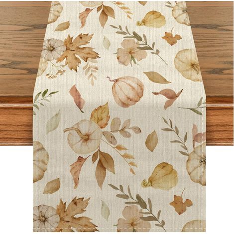 Herbst Tischläufer mit Ahornblatt & Kürbis Motiv, 40x140 cm, Beige