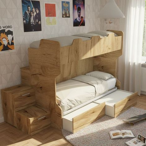 Letto a castello salvaspazio con scala a cassettoni e camminatoio - Quercia