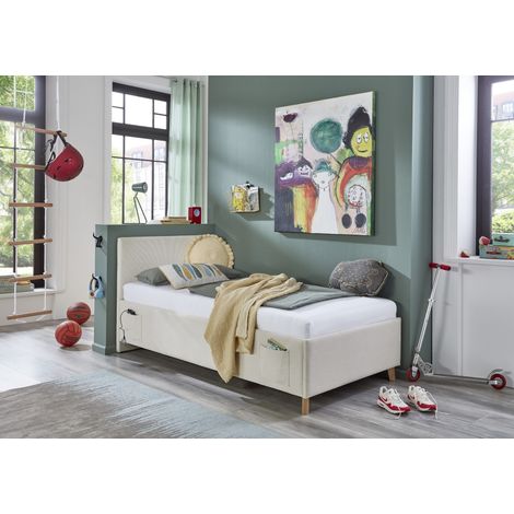 Meise Möbel Kinderbett Cool 90x200 cm  Bettgestell  Kopfteil glatt  Cordstoff Nata  Holzfuß eichefarbig (1/5)