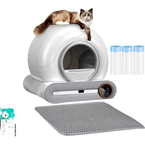 Arenero autolimpiable para gatos, controlado por aplicación, incluye 3 rollos de bolsas para arena. (1/2)