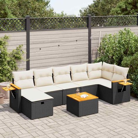 Ensemble de jardin 8 places en résine tressée noire avec coussins crème et rangements intégrés - Salon extérieur complet avec table acacia (1/5)