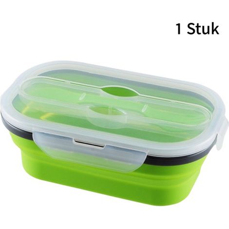 Boîte à lunch pliable en silicone 1 pièce - boîte à lunch extensible - fourche comprise - pour pique-nique et bureau - vert (1/5)