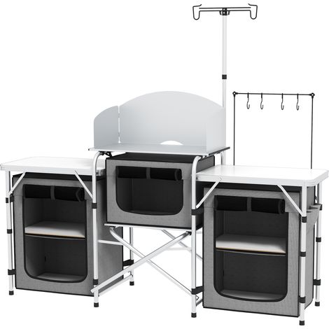 Table de cuisine de camping pliable pare-brise 3 compartiments aluminium 172x48x130cm gris argent