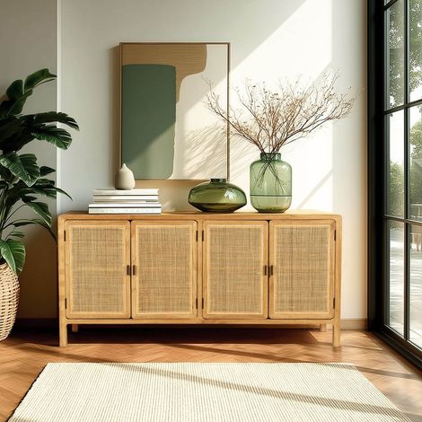 AMY - Buffet 4 portes 170cm en bois de mindi et rotin naturel (1/5)