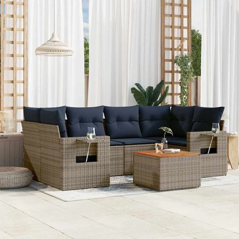 7-teiliges Gartensofa-Set mit Kissen, grau, Polyrattan