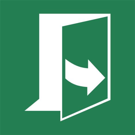 Pannello adesivo ISO 7010 "Uscita di emergenza con apertura a destra" - E057