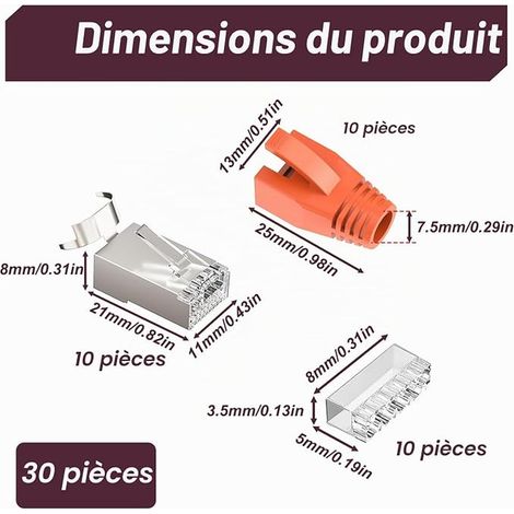 Connecteur RJ45, Fiche Réseau RJ45 Cat 7 Pass Through à Sertir, Fiche Ethernet Blindée Compatible avec PoE, Embout CAT6A CAT7 AWG23 avec Décharge de Traction Protection Anti-Pliage (1/4)
