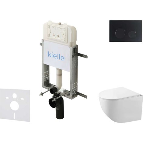 kielle Genesis New - Conjunto de instalación empotrada, inodoro compacto Gaia, Rimless, asiento soft‑close y pulsador Gemini New II, negro mate 30528SZ87