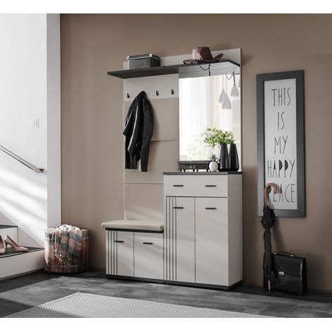 Ensemble meuble d'entrée Hugo VI avec miroir et coussin d'assise - Bois MDF cachemire et noir - 120 x 203 x 32 cm - Livraison gratuite (1/5)