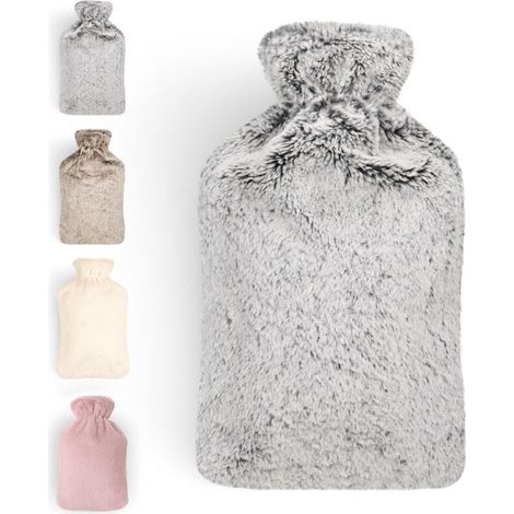 Bouillotte premium avec housse en fausse fourrure douce 2l - bouillotte en caoutchouc naturel - bouillotte cadeau petite amie - bouillotte luxe - bouillotte anti-fuite gris (1/4)